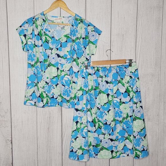 Vintage 70s Laura Mae Blue Floral Polyester Skirt Set, size 12 - Picture 4 of 9